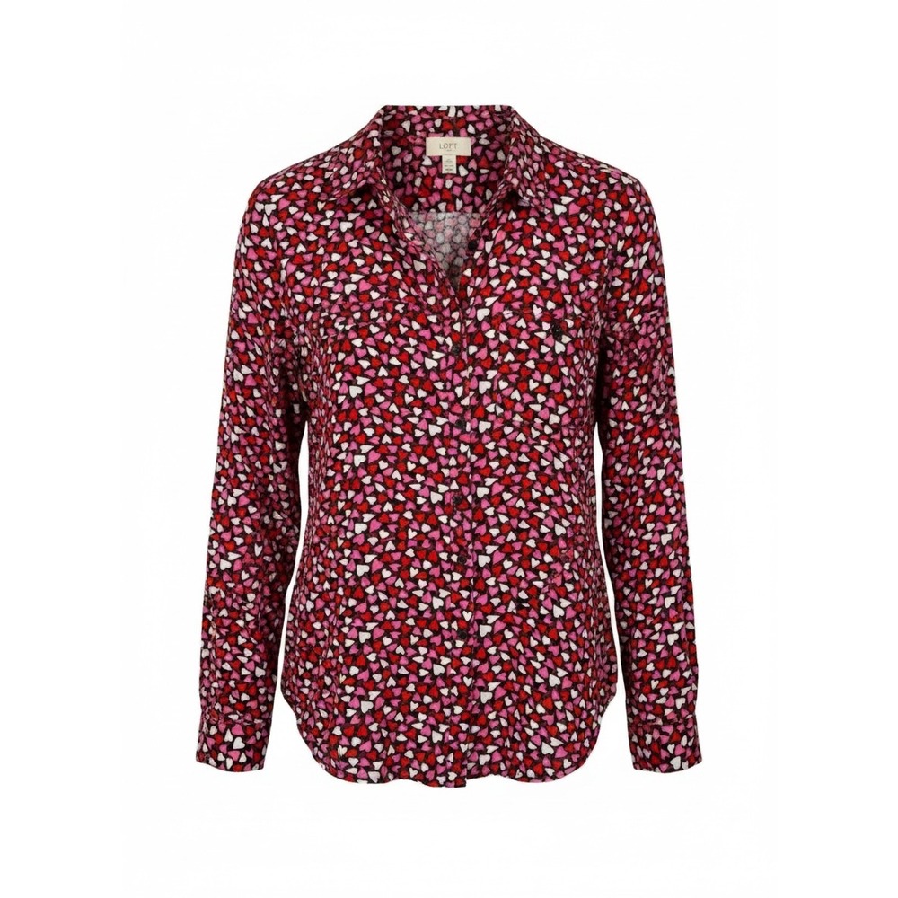 Loft Heart Print Button Down Shirt Red Pink Long Sleeve‎ M Roll Tab Valentines